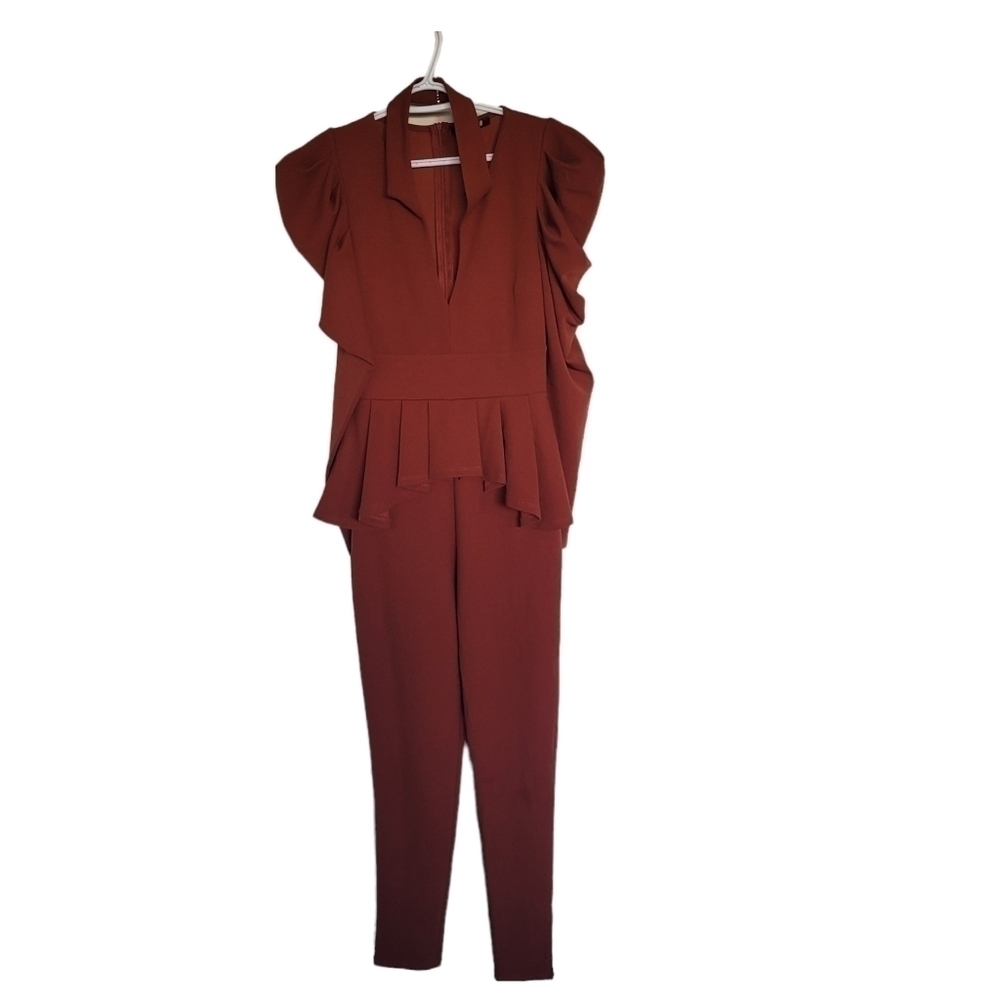 Revamped ruffled peplum skinny brown two piece women jumpsuit US L never worn
